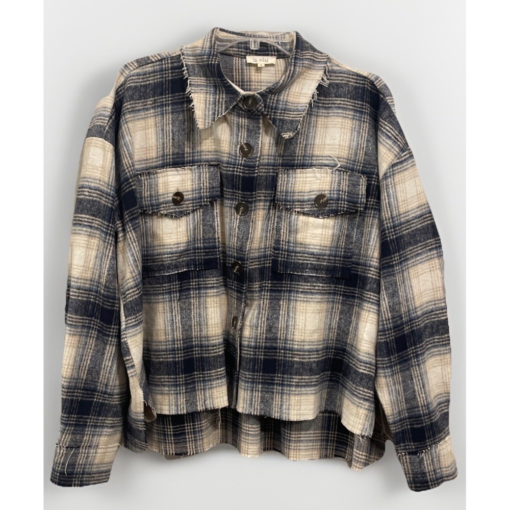 La Miel Blue And Cream Plaid Shacket Frayed Edges Raw Hem Women's Small